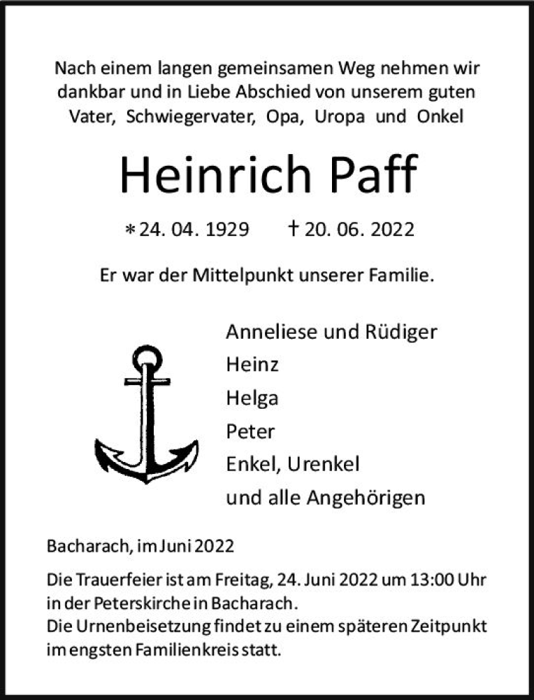  Traueranzeige für Heinrich Paff vom 22.06.2022 aus vrm-trauer Allgemeine  Zeitung Ingelheim-Bingen