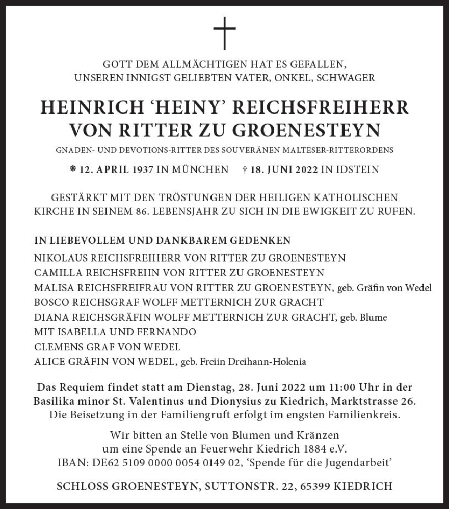  Traueranzeige für Heinrich Reichsfreiherr von Ritter zu Groenesteyn vom 22.06.2022 aus vrm-trauer Wiesbadener Kurier