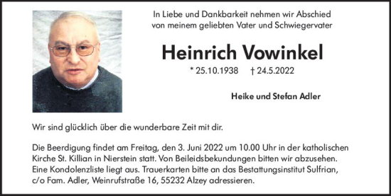 Traueranzeige von Heinrich Vowinkel von vrm-trauer AZ Mainz