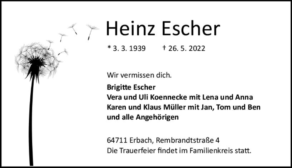  Traueranzeige für Heinz Escher vom 04.06.2022 aus vrm-trauer Odenwälder Echo