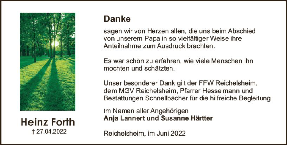  Traueranzeige für Heinz Forth vom 11.06.2022 aus vrm-trauer Odenwälder Echo