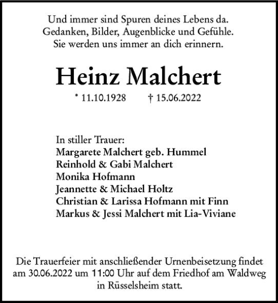 Traueranzeige von Heinz Malchert von vrm-trauer Rüsselsheimer Echo / MainSpitze