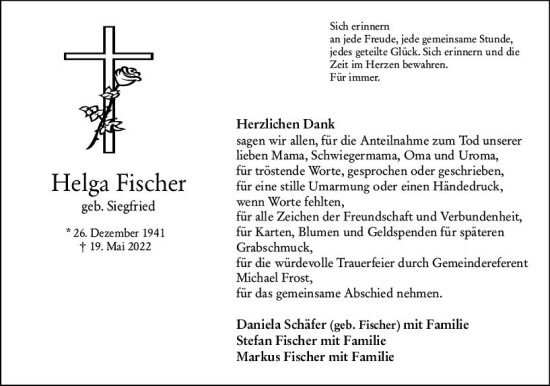 Traueranzeige von Helga Fischer von vrm-trauer Hochheimer Zeitung