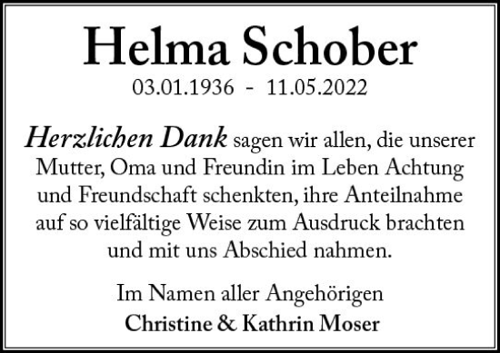 Traueranzeige von Helma Schober von vrm-trauer Wormser Zeitung