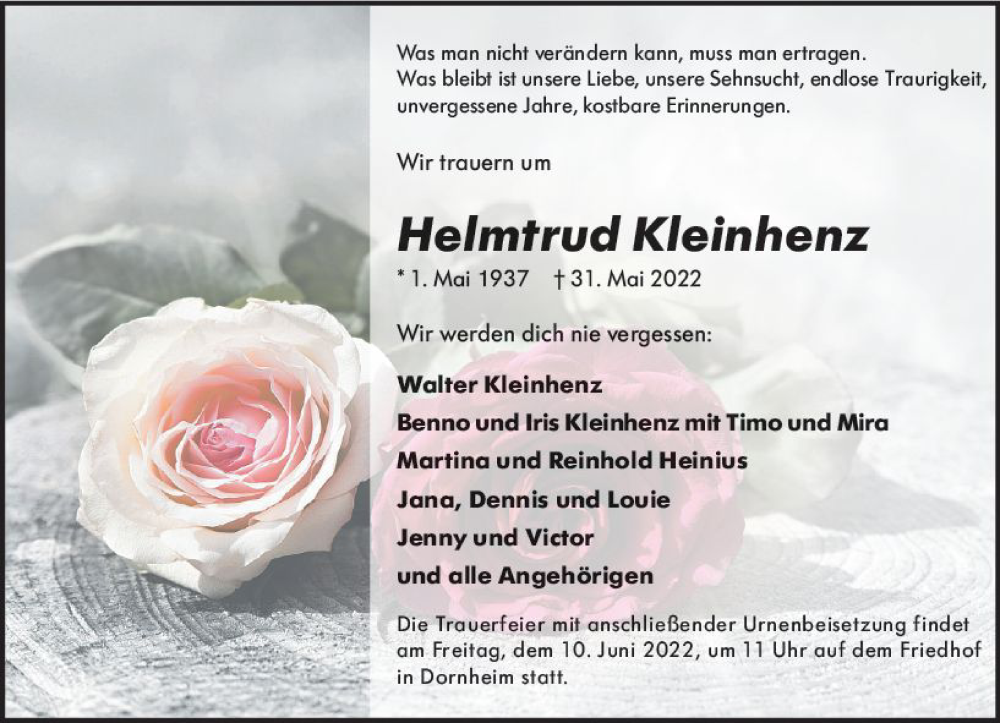  Traueranzeige für Helmtrud Kleinhenz vom 04.06.2022 aus vrm-trauer Groß-Gerauer Echo