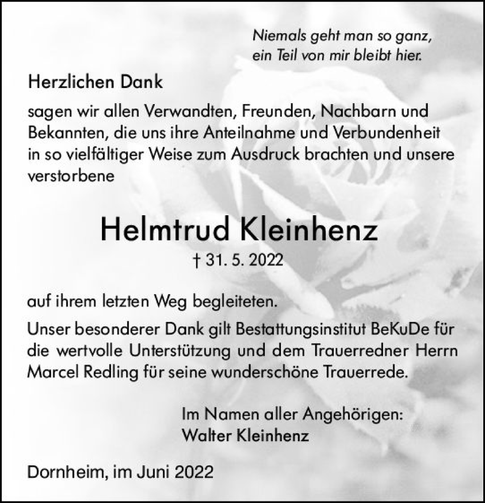  Traueranzeige für Helmtrud Kleinhenz vom 25.06.2022 aus vrm-trauer Groß-Gerauer Echo