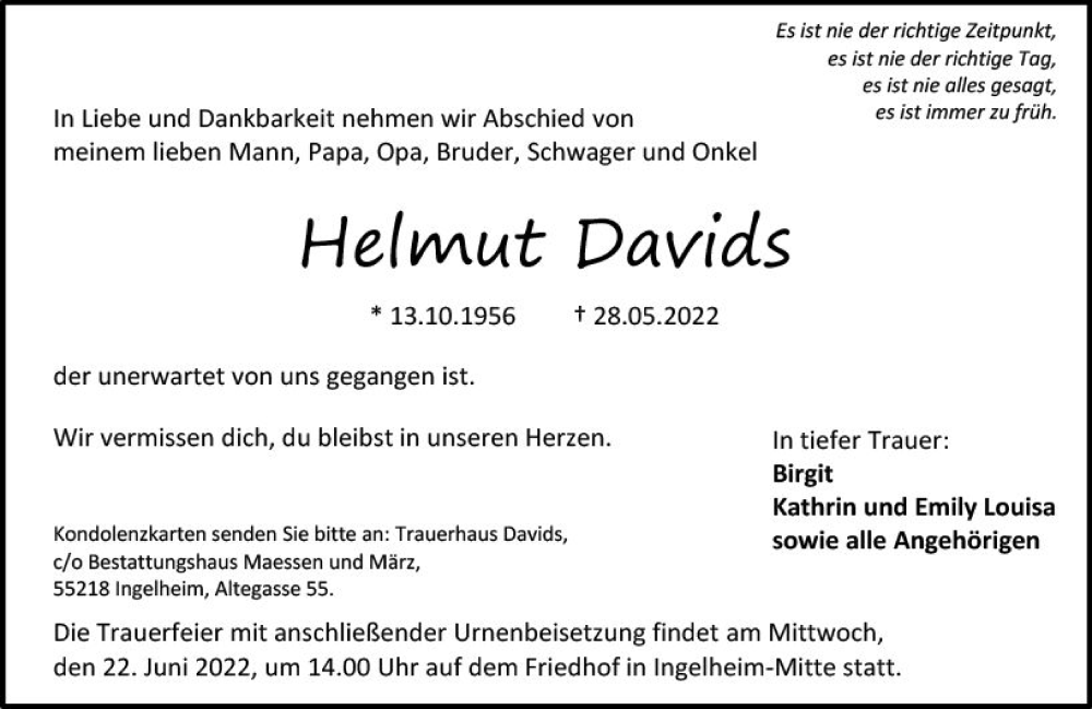  Traueranzeige für Helmut Davids vom 04.06.2022 aus vrm-trauer Allgemeine  Zeitung Ingelheim-Bingen