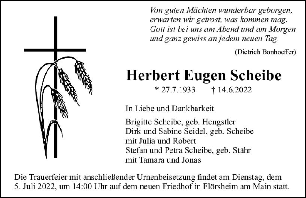  Traueranzeige für Herbert Eugen Scheibe vom 29.06.2022 aus vrm-trauer Rüsselsheimer Echo / MainSpitze