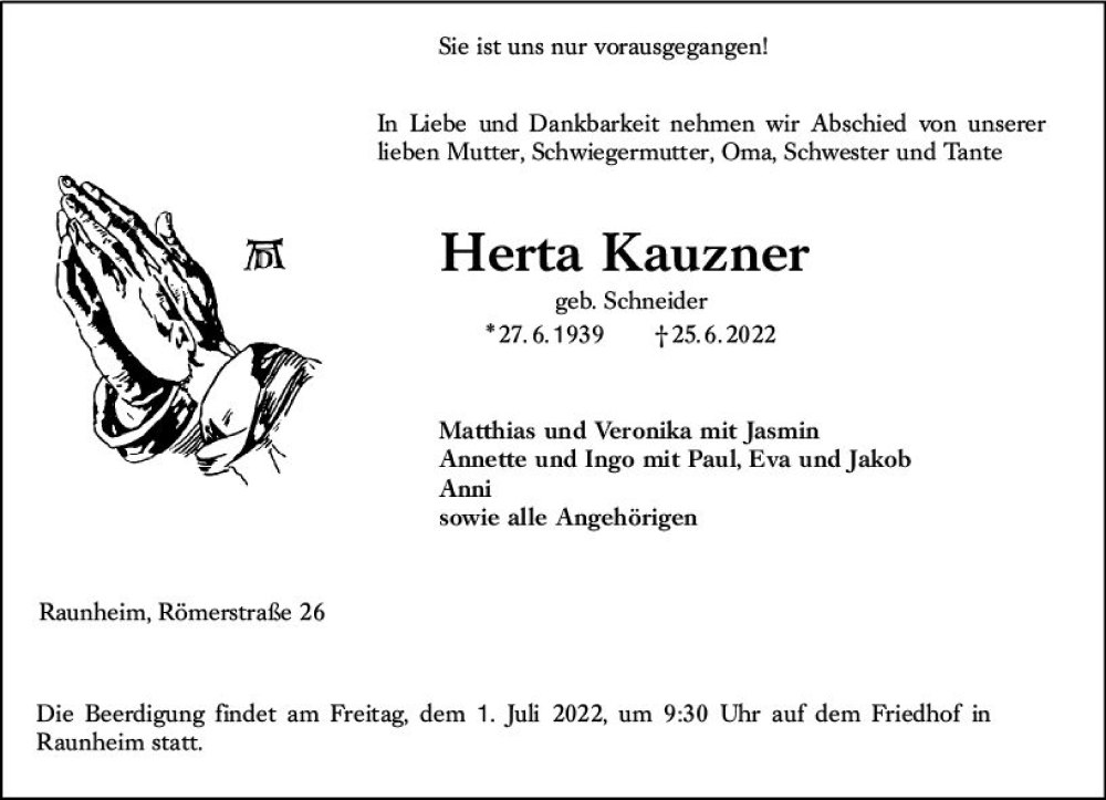  Traueranzeige für Herta Kauzner vom 28.06.2022 aus vrm-trauer Rüsselsheimer Echo / MainSpitze