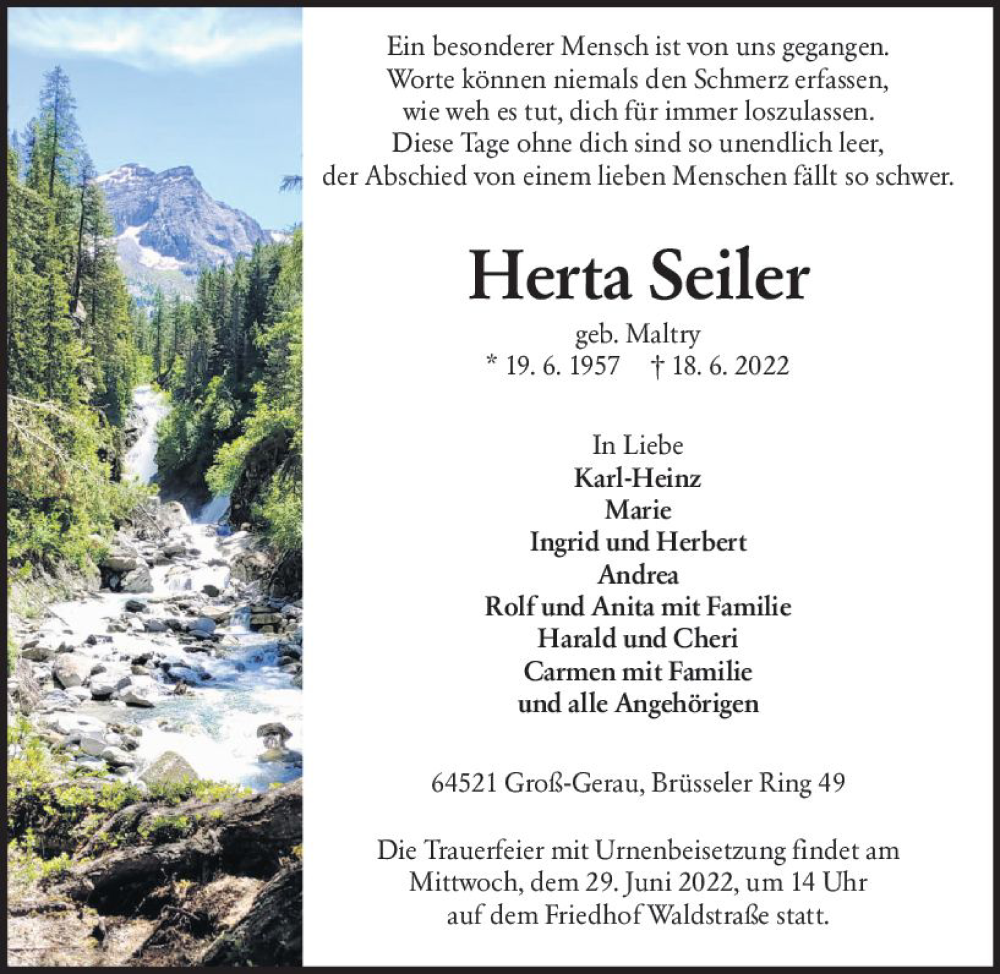  Traueranzeige für Herta Seiler vom 25.06.2022 aus vrm-trauer Groß-Gerauer Echo