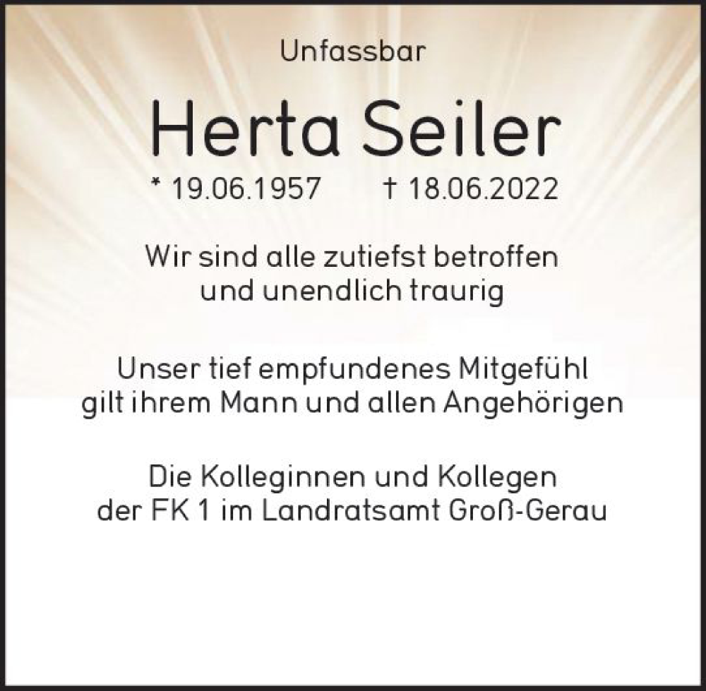  Traueranzeige für Herta Seiler vom 27.06.2022 aus vrm-trauer Groß-Gerauer Echo