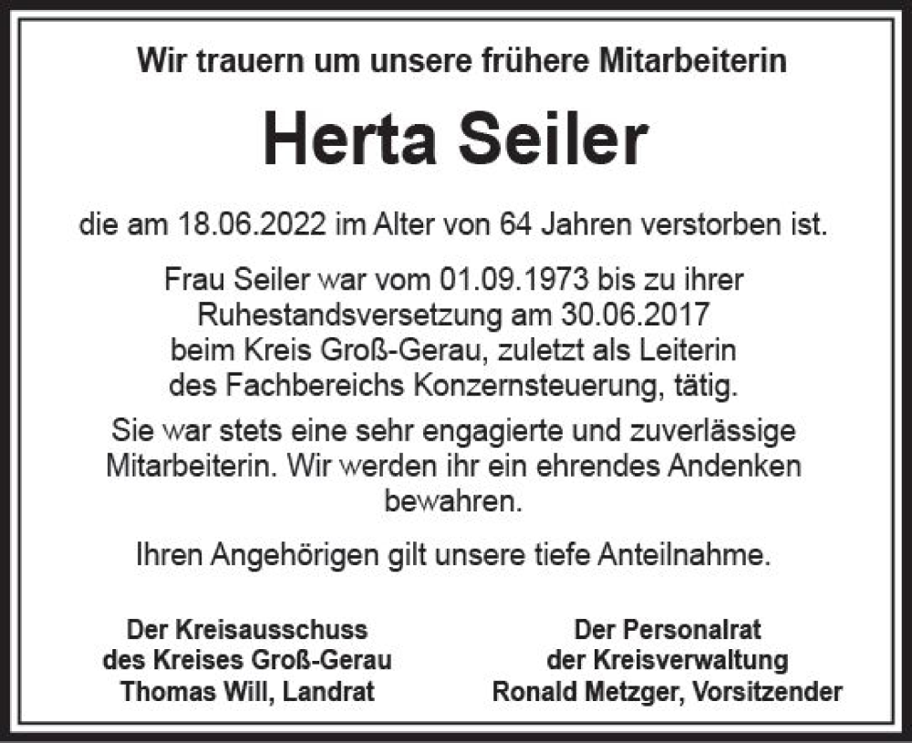  Traueranzeige für Herta Seiler vom 27.06.2022 aus vrm-trauer Groß-Gerauer Echo