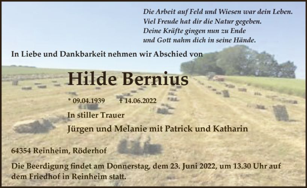  Traueranzeige für Hilde Bernius vom 18.06.2022 aus vrm-trauer Odenwälder Echo
