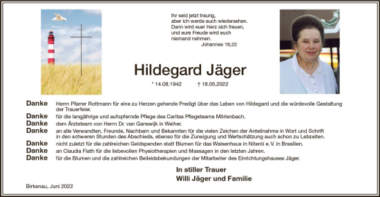 Traueranzeige von Hildegard Jäger von vrm-trauer Bürstädter/Lamperth. Ztg/Starkenburger
