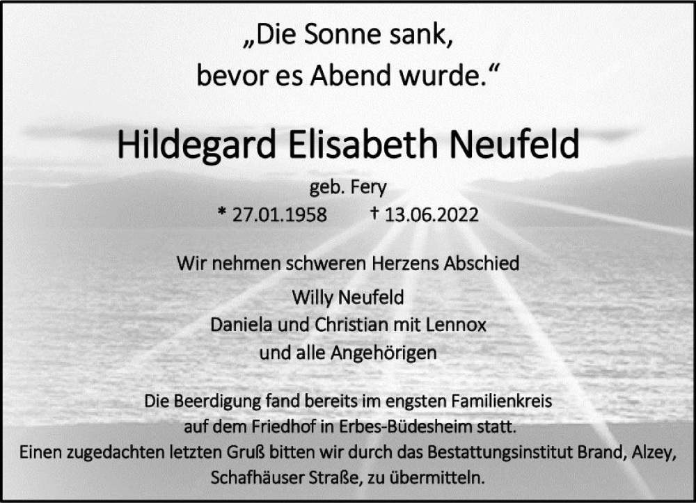  Traueranzeige für Hildegard Elisabeth Neufeld vom 25.06.2022 aus vrm-trauer Allgemeine Zeitung Alzey