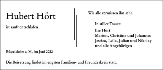 Traueranzeige von Hubert Hört von vrm-trauer Rüsselsheimer Echo / MainSpitze