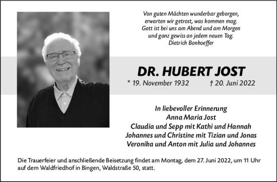 Traueranzeige von Hubert Jost von vrm-trauer Allgemeine  Zeitung Ingelheim-Bingen