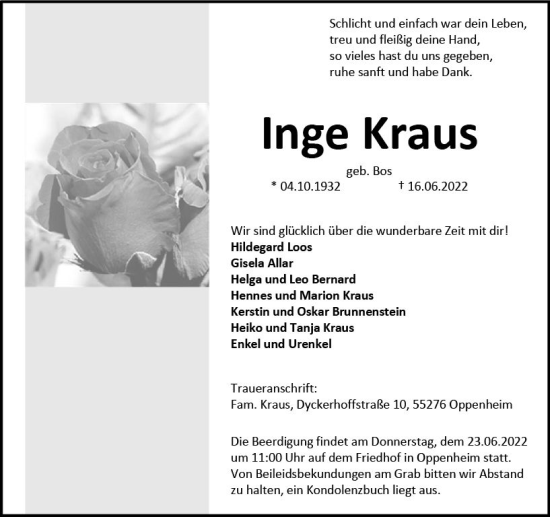 Traueranzeige von Inge Kraus von vrm-trauer AZ Mainz