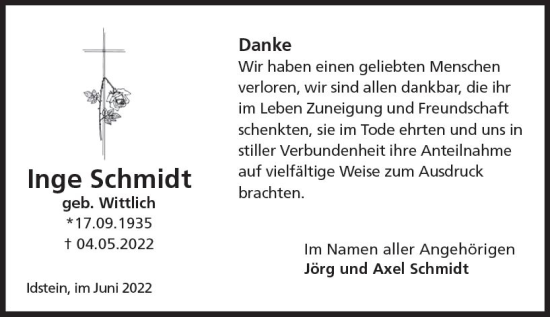 Traueranzeige von Inge Schmidt von vrm-trauer Idsteiner Zeitung