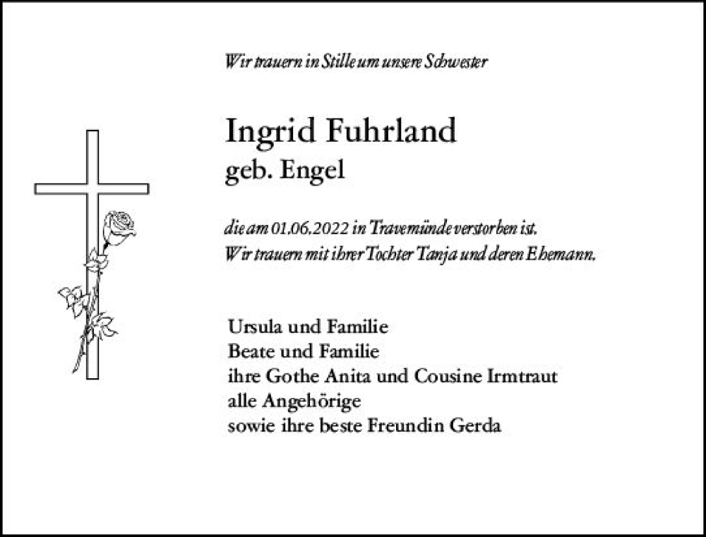  Traueranzeige für Ingrid Fuhrland vom 04.06.2022 aus vrm-trauer Groß-Gerauer Echo
