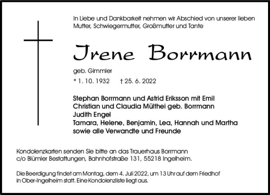 Traueranzeige von Irene Borrmann von vrm-trauer Allgemeine  Zeitung Ingelheim-Bingen