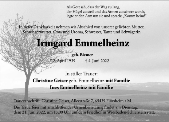 Traueranzeige von Irmgard Emmelheinz von vrm-trauer Wiesbadener Kurier