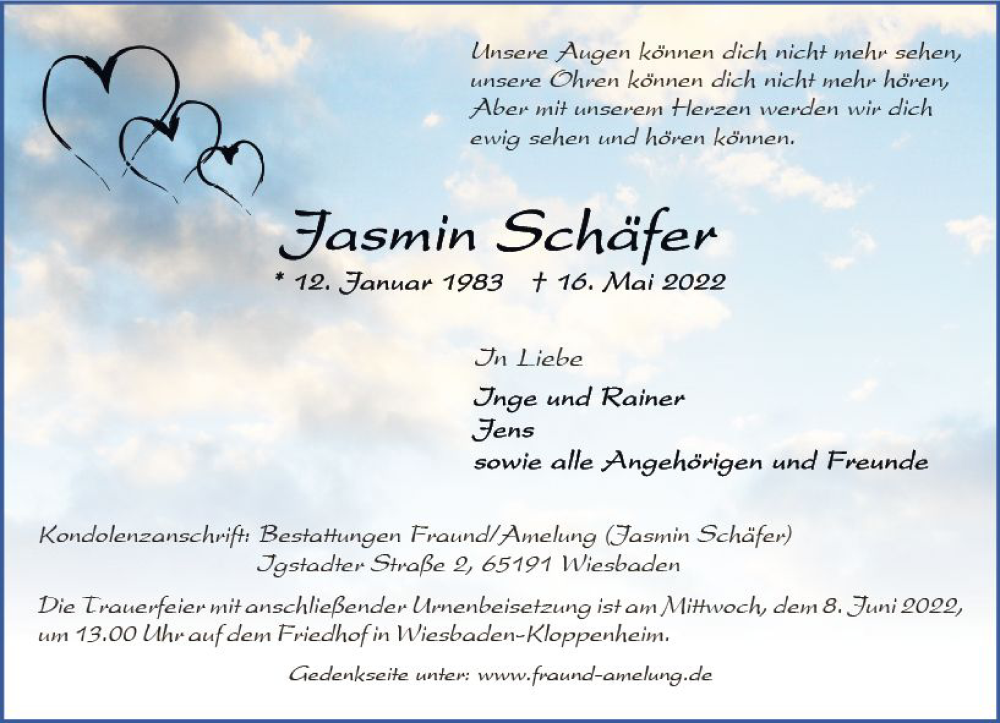  Traueranzeige für Jasmin Schäfer vom 04.06.2022 aus vrm-trauer Wiesbadener Kurier