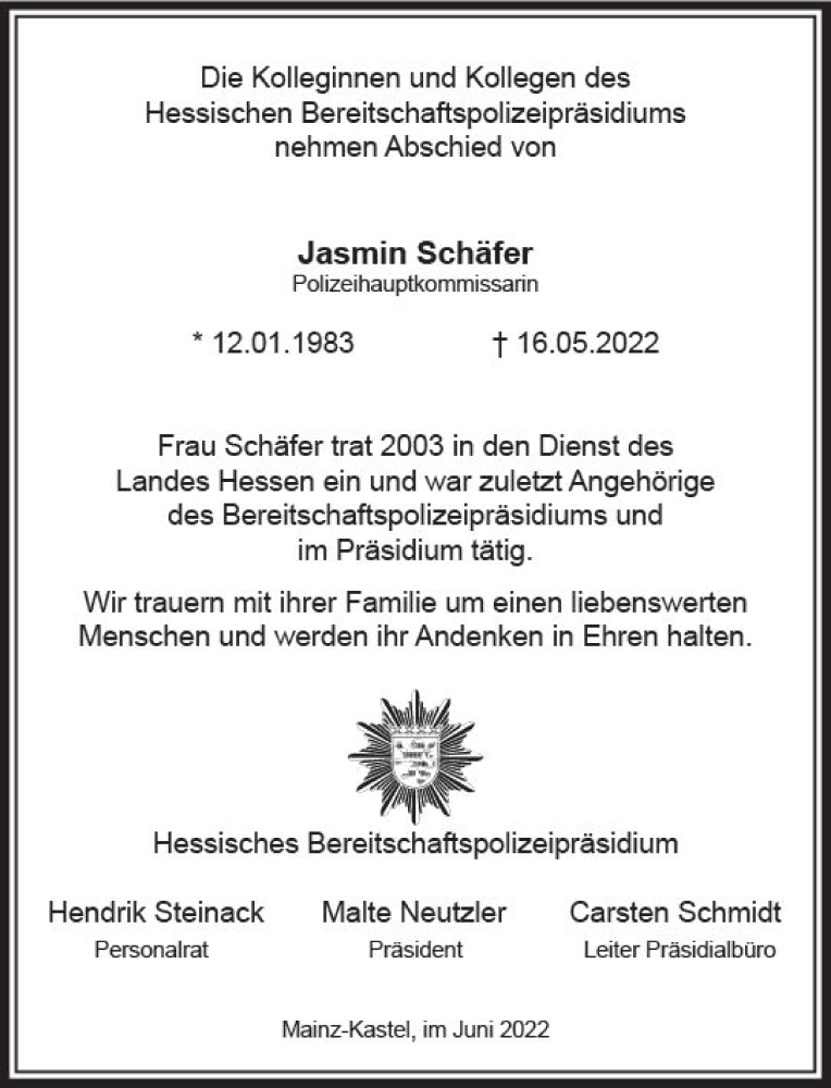 Traueranzeige für Jasmin Schäfer vom 08.06.2022 aus vrm-trauer Wiesbadener Kurier