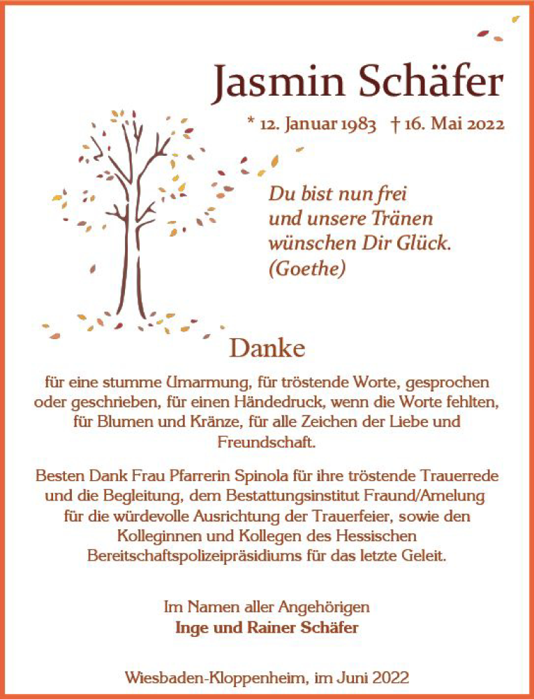  Traueranzeige für Jasmin Schäfer vom 25.06.2022 aus vrm-trauer Wiesbadener Kurier