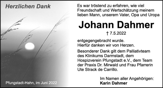 Traueranzeige von Johann Dahmer von vrm-trauer Darmstädter Echo
