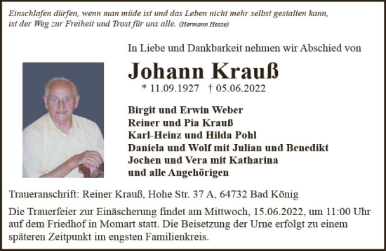 Traueranzeige von Johann Krauß von vrm-trauer Odenwälder Echo