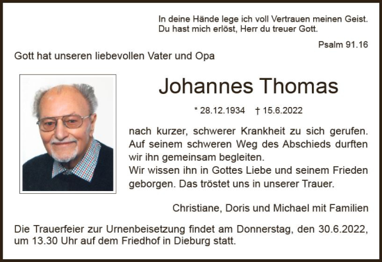 Traueranzeige von Johannes Thomas von vrm-trauer DieburgerAnzeiger/Groß-Zimmerner Lokala