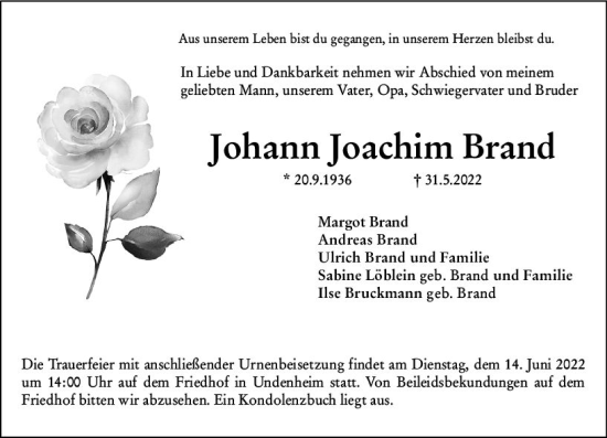 Traueranzeige von Johann Joachim Brand von vrm-trauer AZ Mainz