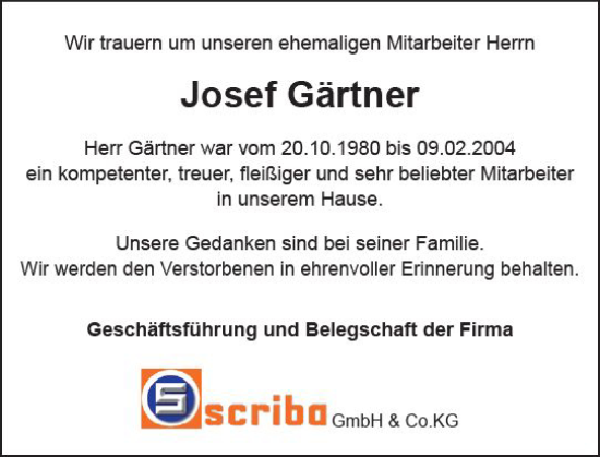 Traueranzeige von Josef Gärtner von vrm-trauer Wormser Zeitung