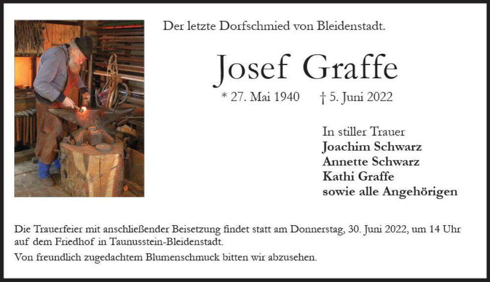  Traueranzeige für Josef Graffe vom 25.06.2022 aus vrm-trauer WK-UTA
