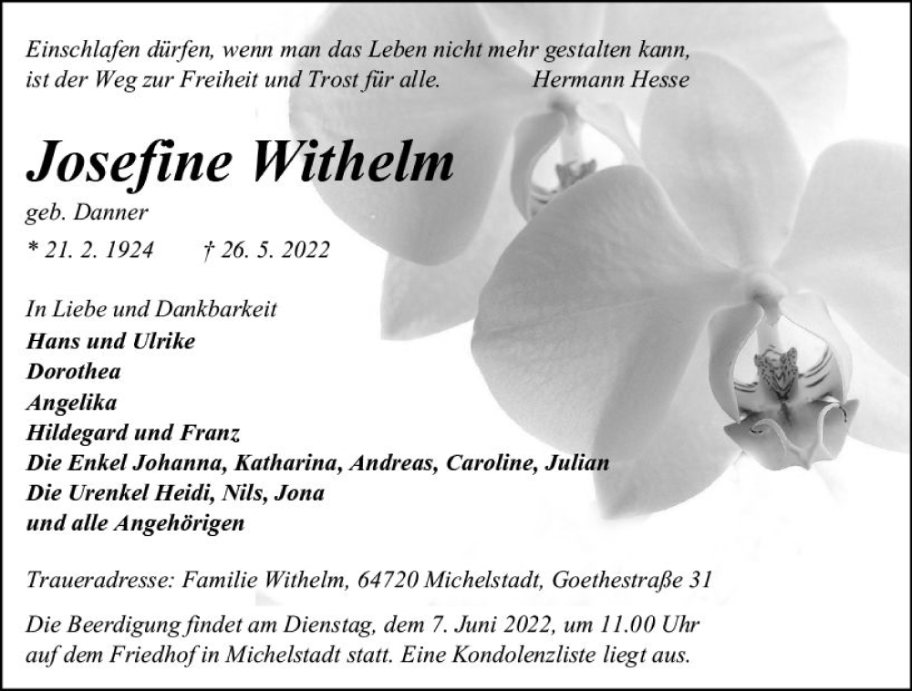  Traueranzeige für Josefine Withelm vom 04.06.2022 aus vrm-trauer Odenwälder Echo