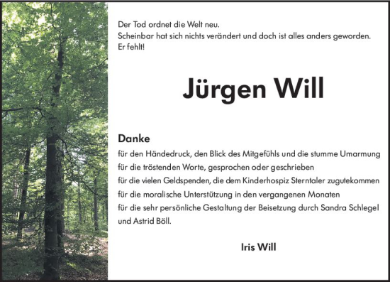 Traueranzeige von Jürgen Will von vrm-trauer Wormser Zeitung