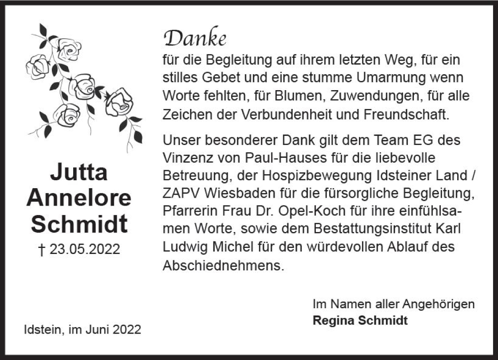  Traueranzeige für Jutta Anneelore Schmidt vom 25.06.2022 aus vrm-trauer Idsteiner Zeitung