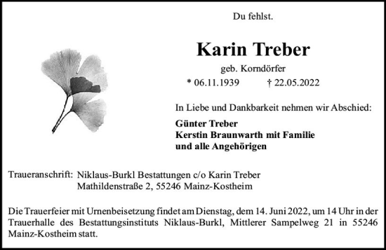 Traueranzeige von Karin Treber von vrm-trauer AZ Mainz