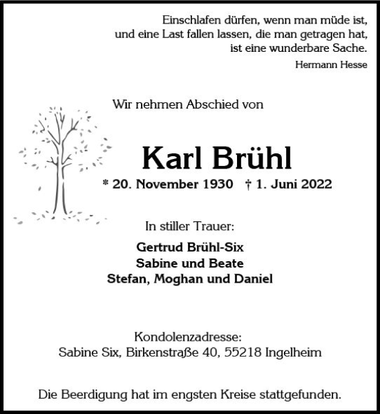 Traueranzeige von Karl Brühl von vrm-trauer Wiesbadener Kurier