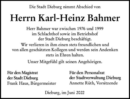 Traueranzeige von Karl-Heinz Bahmer von vrm-trauer DieburgerAnzeiger/Groß-Zimmerner Lokala