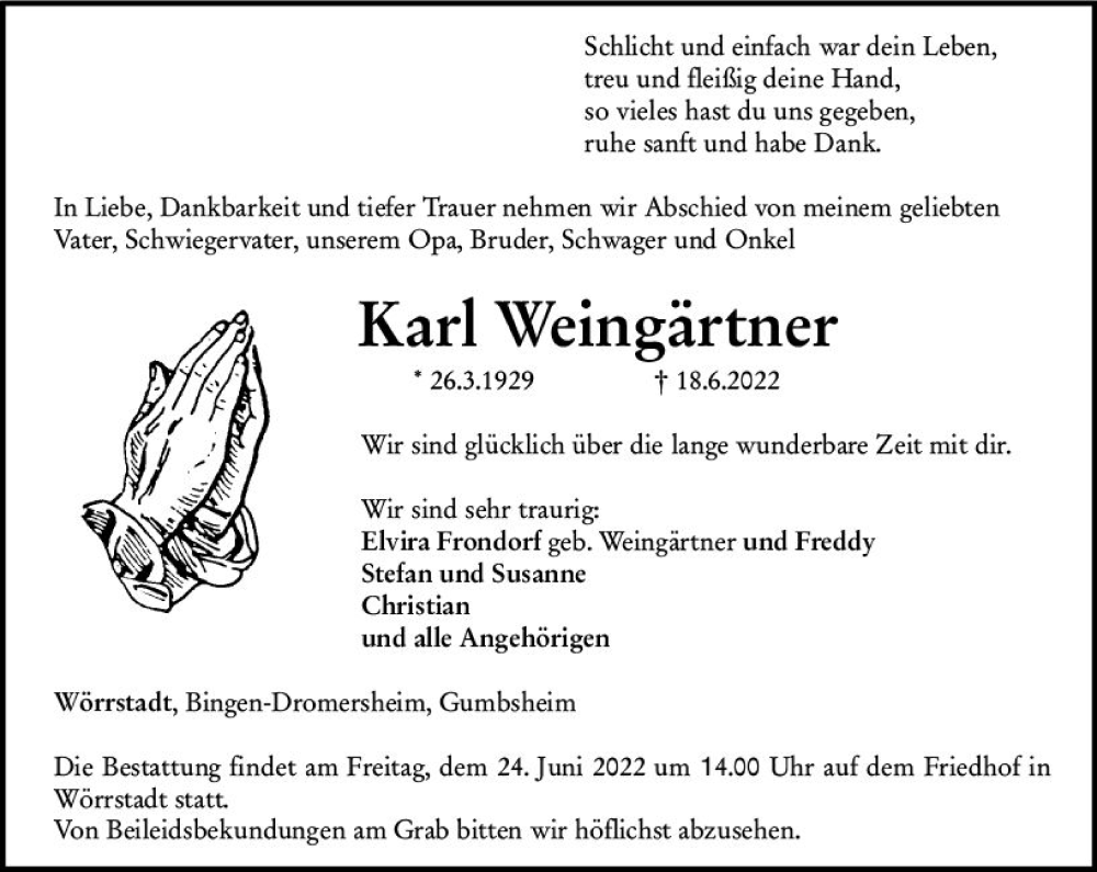  Traueranzeige für Karl Weingärtner vom 22.06.2022 aus vrm-trauer Allgemeine  Zeitung Ingelheim-Bingen