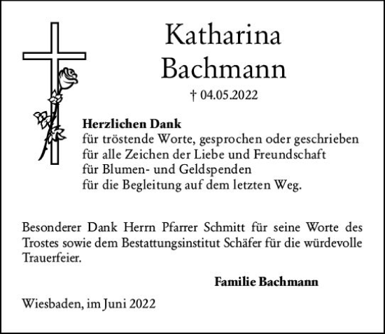 Traueranzeige von Katharina Bachmann von vrm-trauer Wiesbadener Kurier