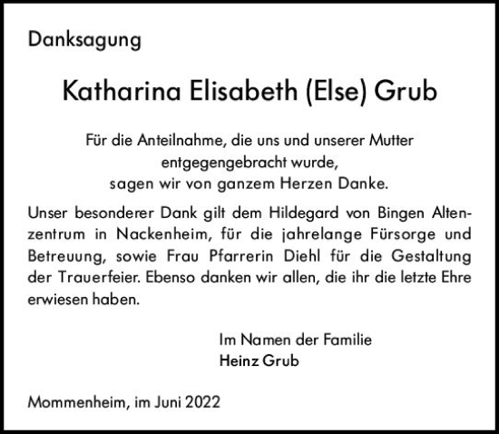 Traueranzeige von Katharina Elisabeth Grub von vrm-trauer AZ Mainz