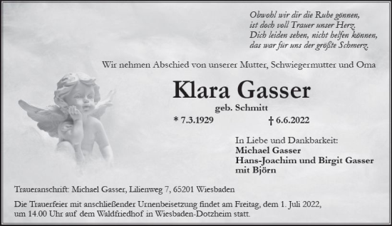 Traueranzeige von Klara Gasser von vrm-trauer Wiesbadener Kurier