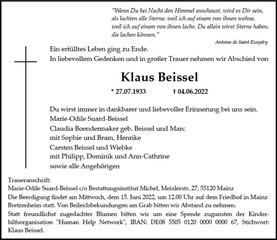 Traueranzeige von Klaus Beissel von vrm-trauer AZ Mainz