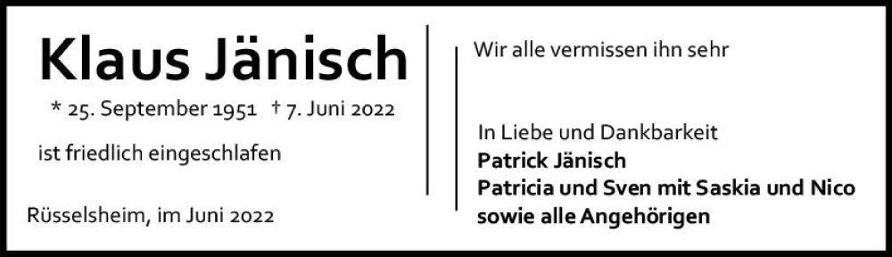  Traueranzeige für Klaus Jänisch vom 25.06.2022 aus vrm-trauer Rüsselsheimer Echo / MainSpitze