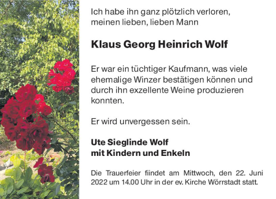 Traueranzeige von Klaus Georg Heinrich Wolf von vrm-trauer Allgemeine Zeitung Alzey
