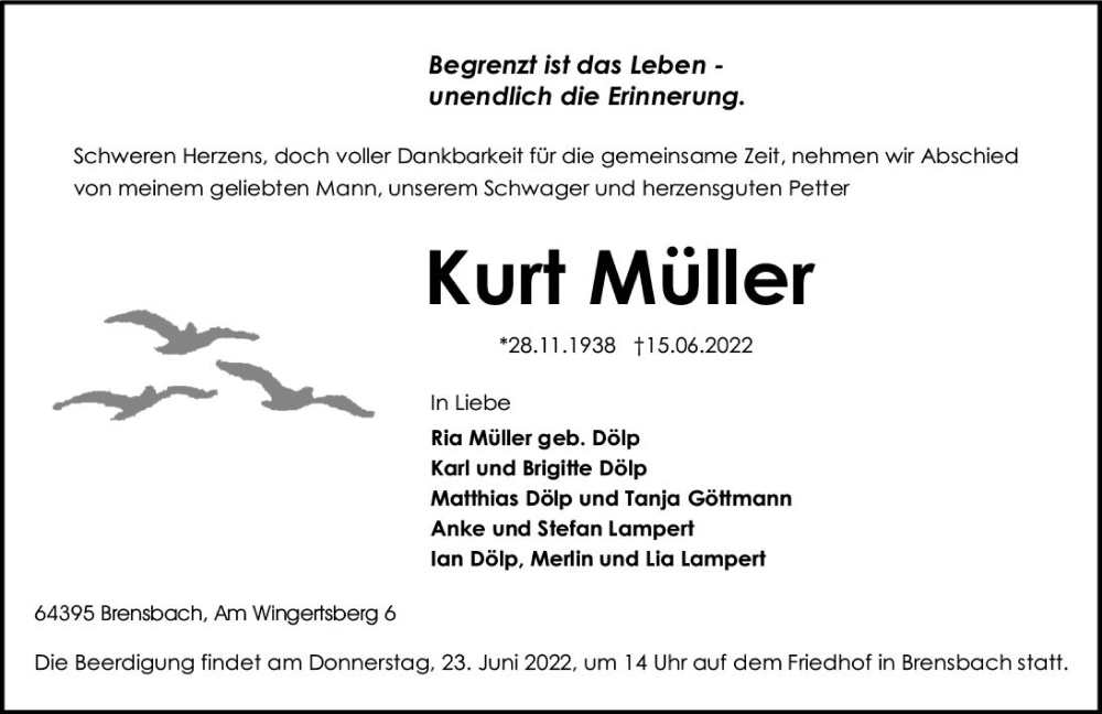  Traueranzeige für Kurt Müller vom 18.06.2022 aus vrm-trauer Bergsträßer Anzeiger