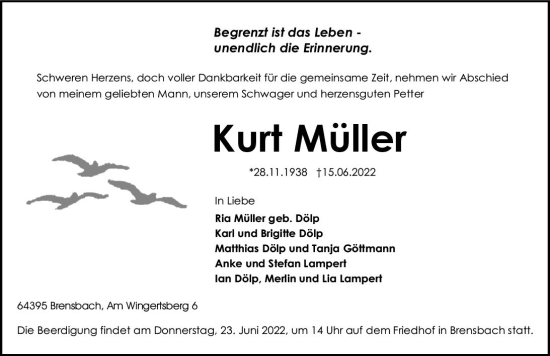 Traueranzeige von Kurt Müller von vrm-trauer Bergsträßer Anzeiger